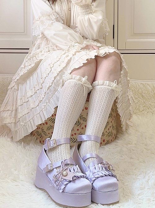 Cake Tower Series Satin Platform Wedge Doll Sense Ruffles Bowknot Pearl Cross Ribbon Sweet Lolita Shoes