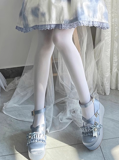 Cake Tower Series Satin Platform Wedge Doll Sense Ruffles Bowknot Pearl Cross Ribbon Sweet Lolita Shoes