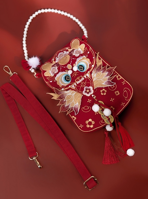 Dragon Year Chinese Style Cute Cartoon Ingots Golden Flower Embroidery Copper Coin Pendant Classic Lolita Red Bag