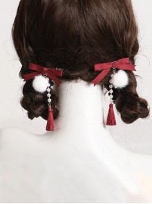 Vintage Versatile Red Chinese Style Daily Pearl Tassel Red Bowknot Hairball Sweet Lolita Hairpin