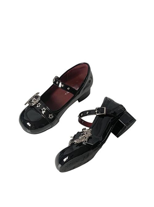 Baby Punk Series Low Heel Commuting Daily Star Love Wings Metal Button Sweet Punk Style Shallow Mary Jane Shoes