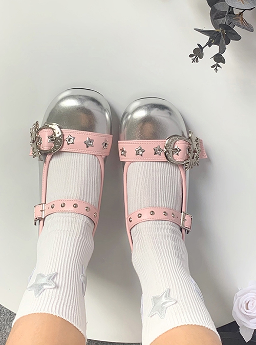 Baby Punk Series Low Heel Commuting Daily Star Love Wings Metal Button Sweet Punk Style Shallow Mary Jane Shoes