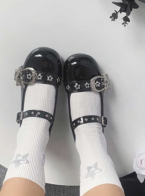 Baby Punk Series Low Heel Commuting Daily Star Love Wings Metal Button Sweet Punk Style Shallow Mary Jane Shoes