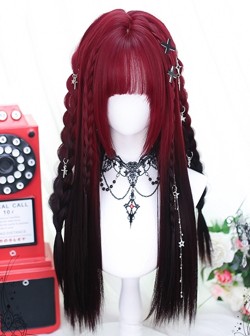Sundial Series Red Black Gradient Long Straight Hair Flat Bangs Subculture Punk Style Full Head Wig