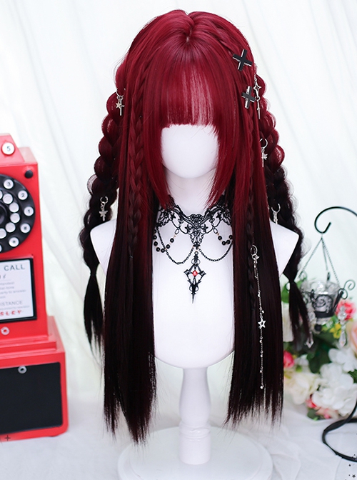Sundial Series Red Black Gradient Long Straight Hair Flat Bangs Subculture Punk Style Full Head Wig