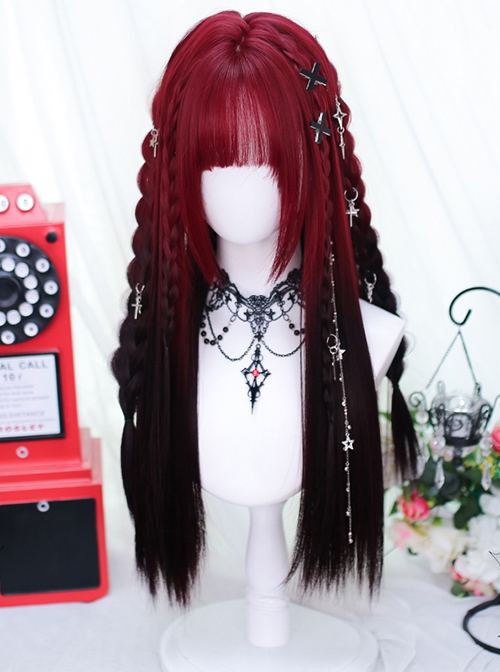 Sundial Series Red Black Gradient Long Straight Hair Flat Bangs Subculture Punk Style Full Head Wig