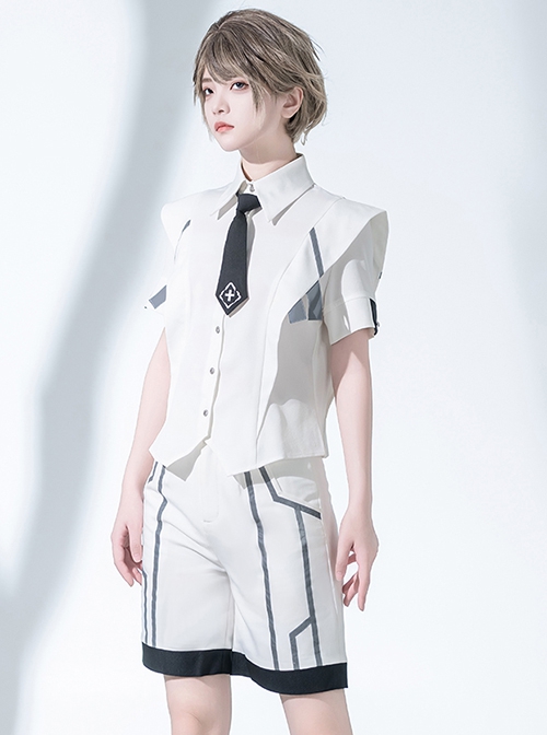 Stones In Dry Sea Series White Slim Fit Institute Technology Style Uniform Ouji Fashion Short Sleeves Shirt