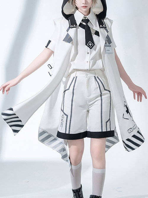 Stones In Dry Sea Series White Cool Technology Style Stripe Loading Code Uniform Ouji Fashion Sleeveless Hooded Cloak