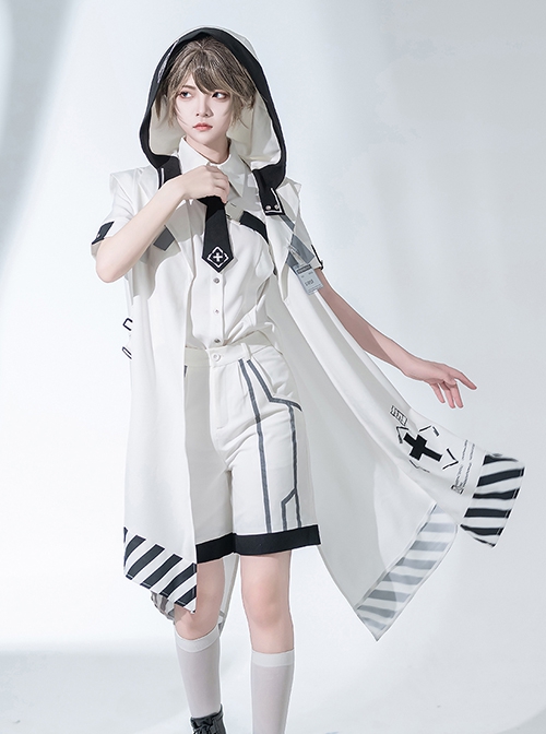 Stones In Dry Sea Series White Cool Technology Style Stripe Loading Code Uniform Ouji Fashion Sleeveless Hooded Cloak