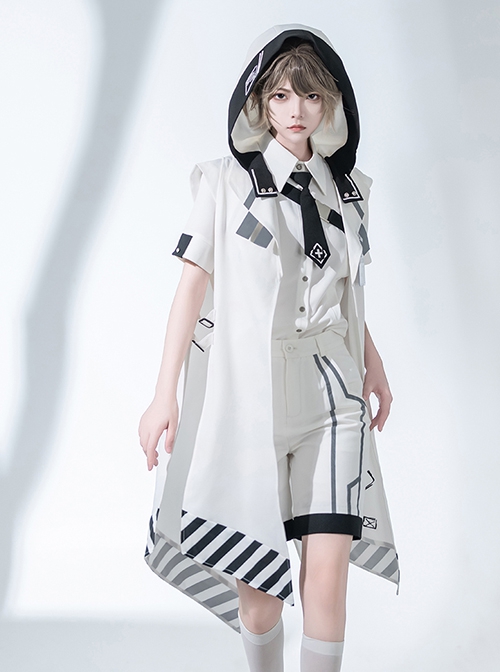 Stones In Dry Sea Series White Cool Technology Style Stripe Loading Code Uniform Ouji Fashion Sleeveless Hooded Cloak