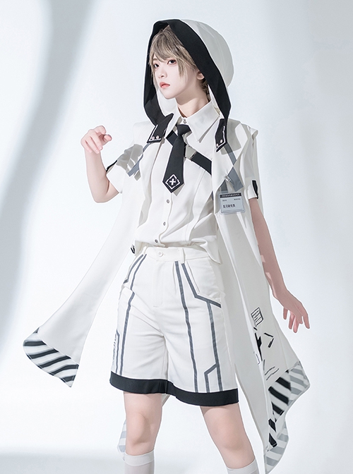 Stones In Dry Sea Series White Cool Technology Style Stripe Loading Code Uniform Ouji Fashion Sleeveless Hooded Cloak