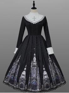 Cross Church Series Nun Style Church Stained Glass Window Printing Dark Black Gothic Lolita Long Sleeves Long Dress OP