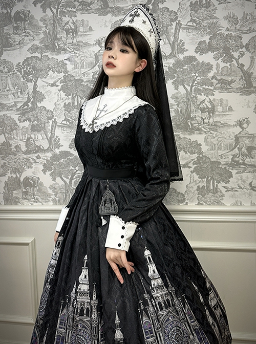 Cross Church Series Nun Style Church Stained Glass Window Printing Dark Black Gothic Lolita Long Sleeves Long Dress OP