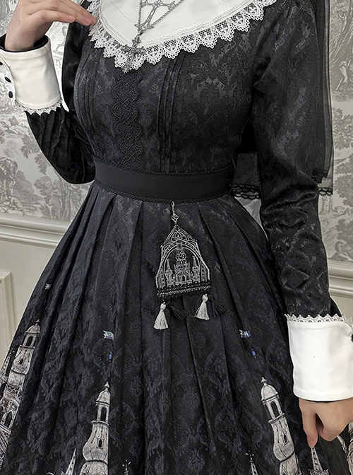 Cross Church Series Nun Style Church Stained Glass Window Printing Dark Black Gothic Lolita Long Sleeves Long Dress OP