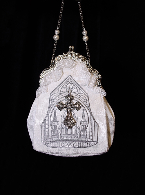 Cross Church Series Elegant Exquisite Black White Contrasting Colors Gothic Lolita Pearl Chain Vintage Handbag