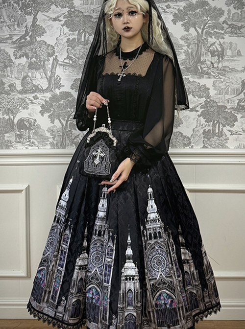 Cross Church Series Elegant Exquisite Black White Contrasting Colors Gothic Lolita Pearl Chain Vintage Handbag