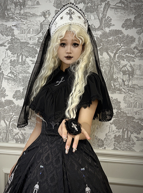 Cross Church Series Elegant Black White Lace Mesh Yarn Exquisite Gothic Lolita Papal Hat