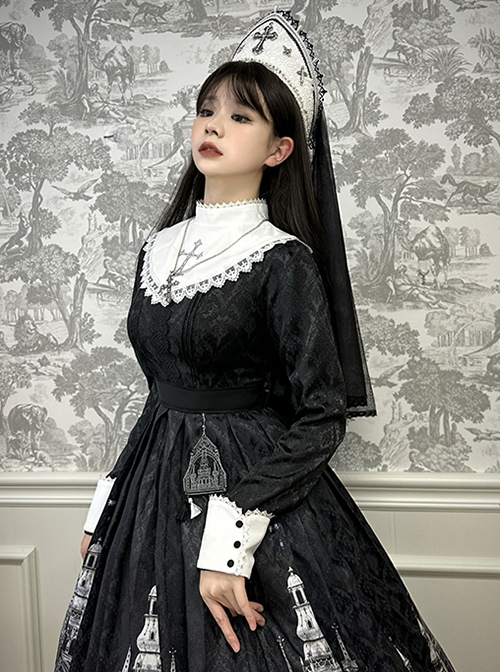 Cross Church Series Elegant Black White Lace Mesh Yarn Exquisite Gothic Lolita Papal Hat