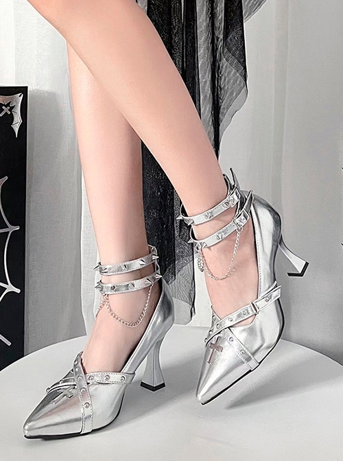 Cross Joan Arc Series Noble Elegant Pointed Toe Punk Rivet Metal Chain Gothic Lolita Thin High Heels