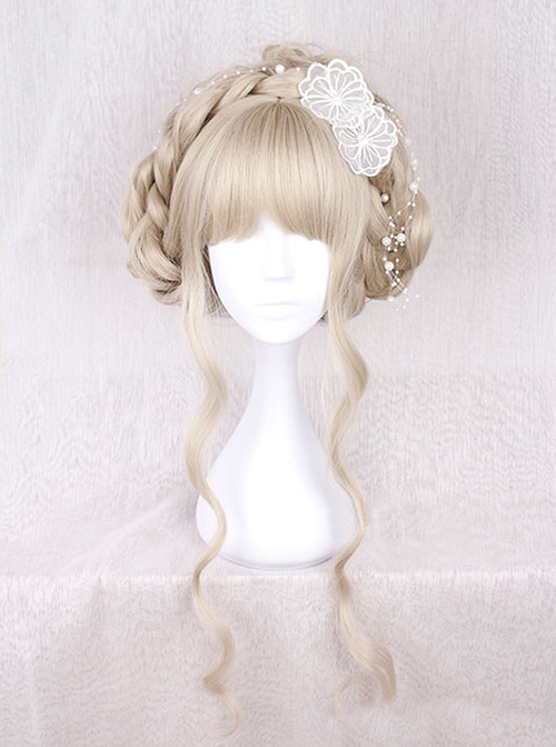 Japanese Style Doll Flat Bangs Soft Girl Light Khaki Golden Long Curly Hair Sweet Lolita Full Head Wig
