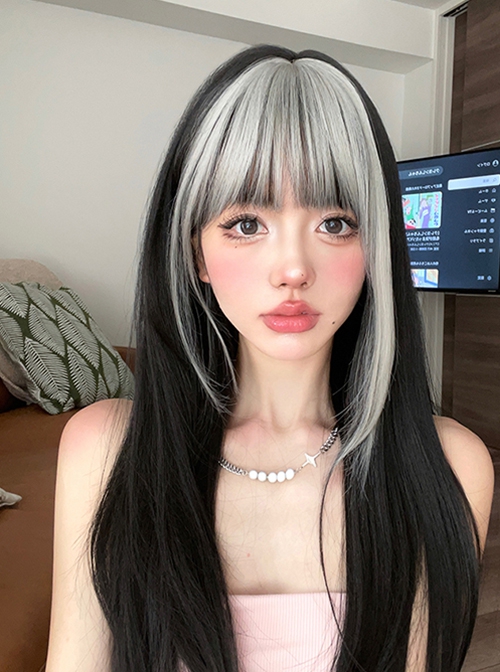 Black Gray Mixed Long Straight Hair Flat Bangs Handsome Hot Girl New Chinese Style Full Gothic Lolita Head Wig