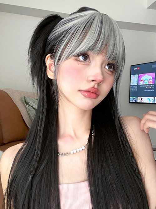 Black Gray Mixed Long Straight Hair Flat Bangs Handsome Hot Girl New Chinese Style Full Gothic Lolita Head Wig