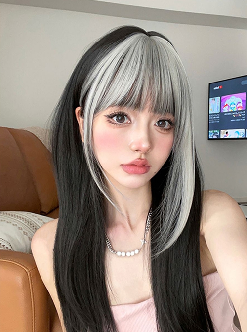 Black Gray Mixed Long Straight Hair Flat Bangs Handsome Hot Girl New Chinese Style Full Gothic Lolita Head Wig