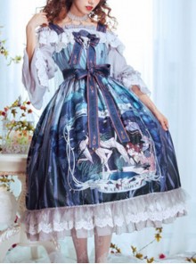 Eco's Voice Series Retro Palace Tea Party Myth Messenger Printing Ribbon Belt Classic Lolita Sleeveless Dress