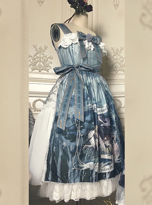 Eco's Voice Series Retro Palace Tea Party Myth Messenger Printing Ribbon Belt Classic Lolita Sleeveless Dress