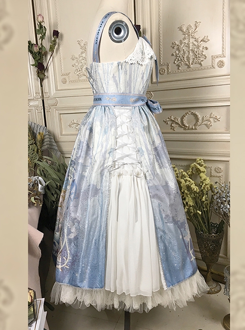 Eco's Voice Series Retro Palace Tea Party Myth Messenger Printing Ribbon Belt Classic Lolita Sleeveless Dress