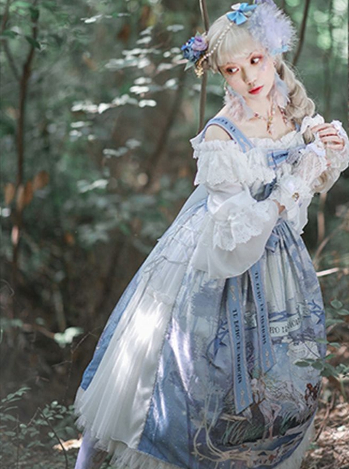 Eco's Voice Series Retro Palace Tea Party Myth Messenger Printing Ribbon Belt Classic Lolita Sleeveless Dress