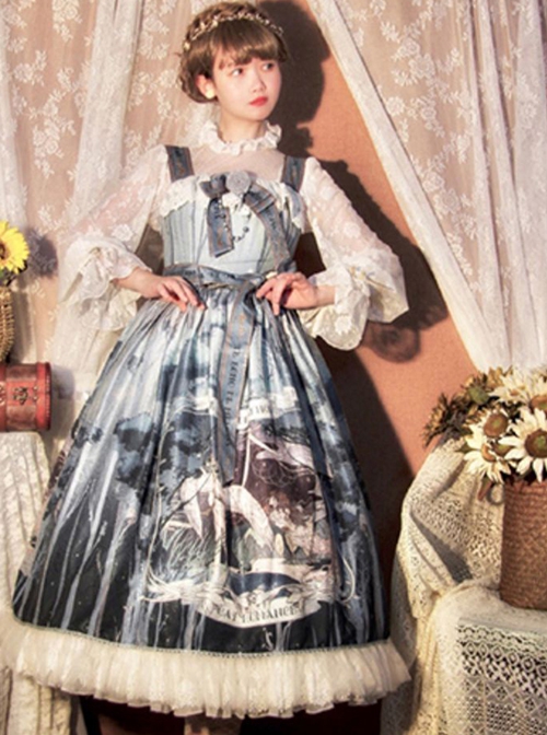 Eco's Voice Series Retro Palace Tea Party Myth Messenger Printing Ribbon Belt Classic Lolita Sleeveless Dress