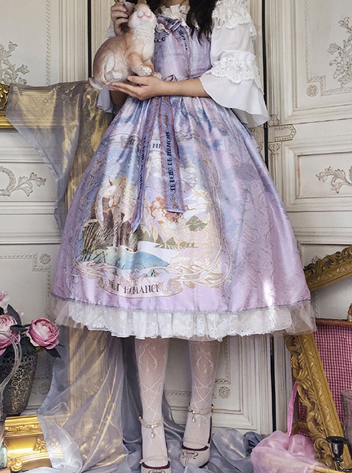 Eco's Voice Series Retro Palace Tea Party Myth Messenger Printing Ribbon Belt Classic Lolita Sleeveless Dress