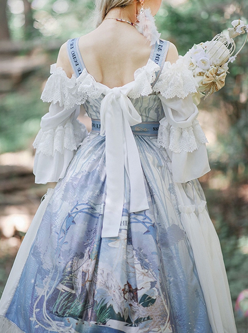 Eco's Voice Series Retro Palace Tea Party Myth Messenger Printing Ribbon Belt Classic Lolita Sleeveless Dress