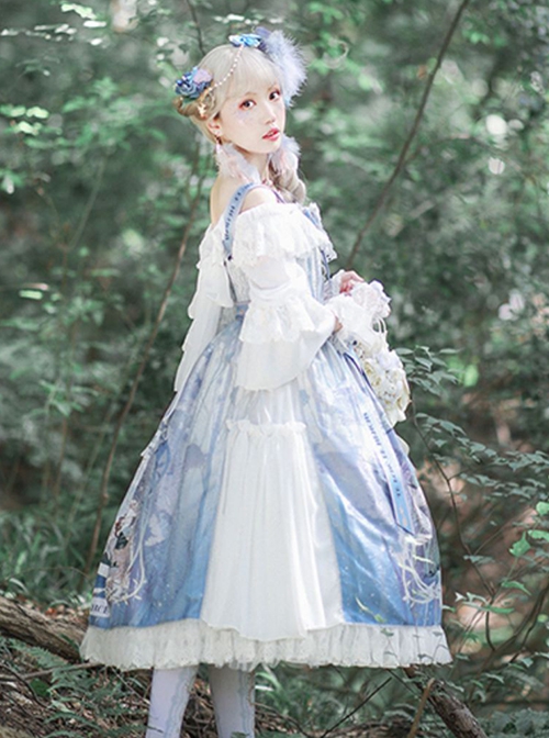 Eco's Voice Series Retro Palace Tea Party Myth Messenger Printing Ribbon Belt Classic Lolita Sleeveless Dress