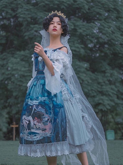 Eco's Voice Series Retro Palace Tea Party Myth Messenger Printing Ribbon Belt Classic Lolita Sleeveless Dress