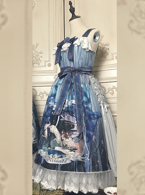 Eco's Voice Series Retro Palace Tea Party Myth Messenger Printing Ribbon Belt Classic Lolita Sleeveless Dress