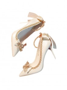 Pointed Toe Elegant Classic Lolita Stiletto Lace Bowknot Bead Chain Rhinestone Embellished Satin High Heel Shoes