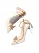 Pointed Toe Elegant Classic Lolita Stiletto Lace Bowknot Bead Chain Rhinestone Embellished Satin High Heel Shoes