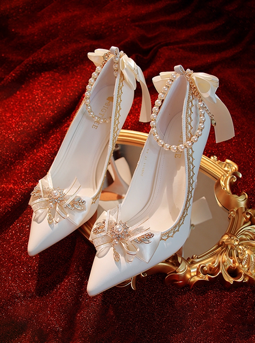 Pointed Toe Elegant Classic Lolita Stiletto Lace Bowknot Bead Chain Rhinestone Embellished Satin High Heel Shoes