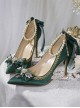 Pointed Toe Elegant Classic Lolita Stiletto Lace Bowknot Bead Chain Rhinestone Embellished Satin High Heel Shoes