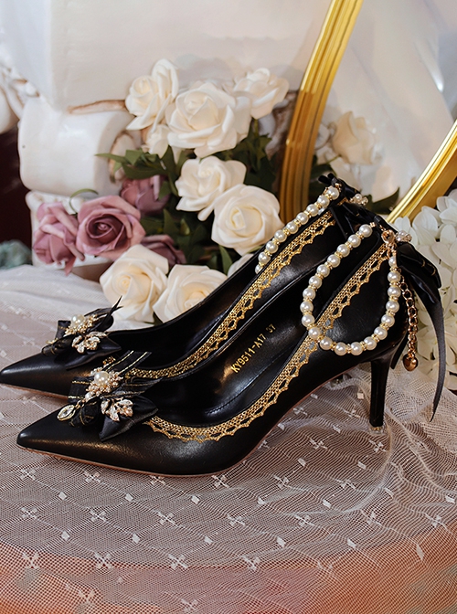 Pointed Toe Elegant Classic Lolita Stiletto Lace Bowknot Bead Chain Rhinestone Embellished Satin High Heel Shoes