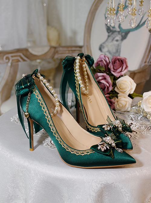 Pointed Toe Elegant Classic Lolita Stiletto Lace Bowknot Bead Chain Rhinestone Embellished Satin High Heel Shoes