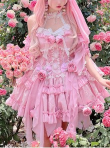 Gem Princess Series Sweet Girly Jacquard Rose Garden Everlasting Flower Lace Fishbone Sweet Lolita Sleeveless Dress