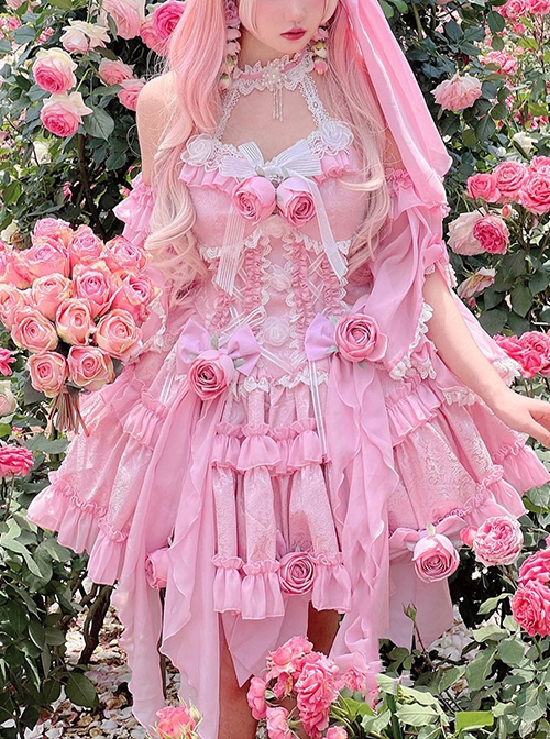 Gem Princess Series Sweet Girly Jacquard Rose Garden Everlasting Flower Lace Fishbone Sweet Lolita Sleeveless Dress