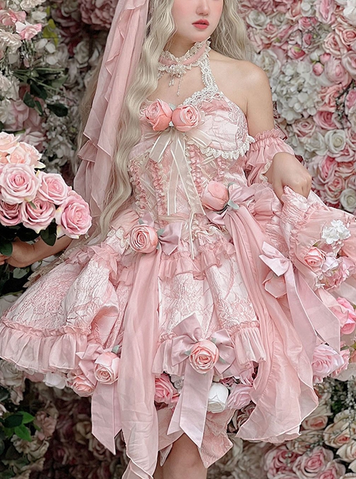 Gem Princess Series Sweet Girly Jacquard Rose Garden Everlasting Flower Lace Fishbone Sweet Lolita Sleeveless Dress