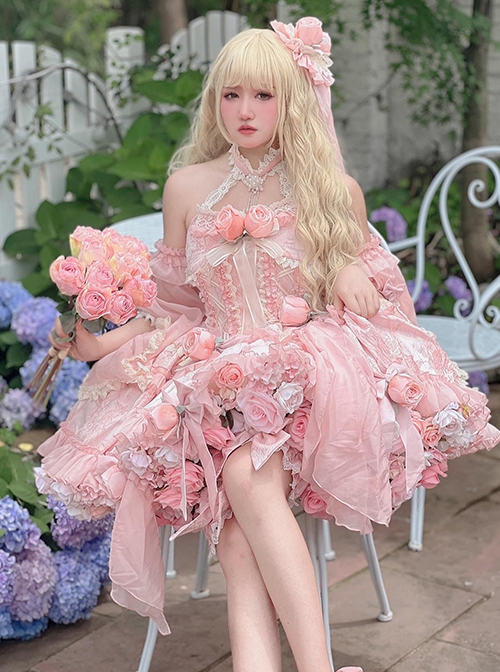 Gem Princess Series Sweet Girly Jacquard Rose Garden Everlasting Flower Lace Fishbone Sweet Lolita Sleeveless Dress