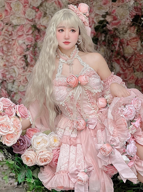 Gem Princess Series Sweet Girly Jacquard Rose Garden Everlasting Flower Lace Fishbone Sweet Lolita Sleeveless Dress