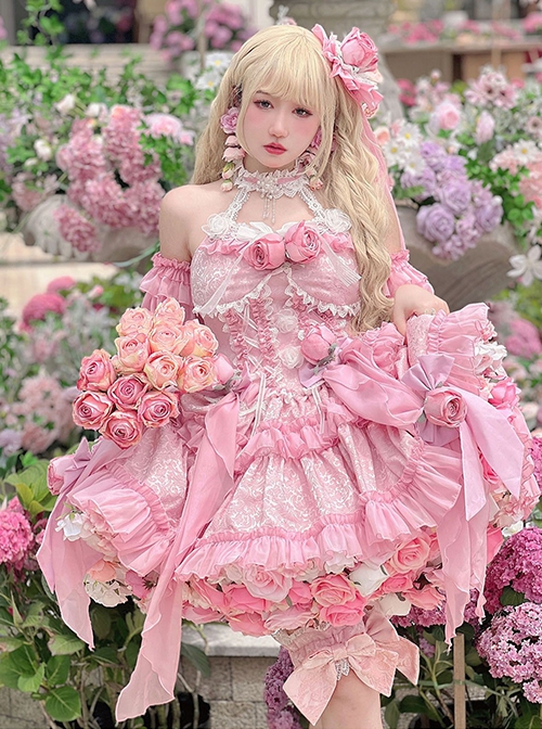 Gem Princess Series Sweet Girly Jacquard Rose Garden Everlasting Flower Lace Fishbone Sweet Lolita Sleeveless Dress