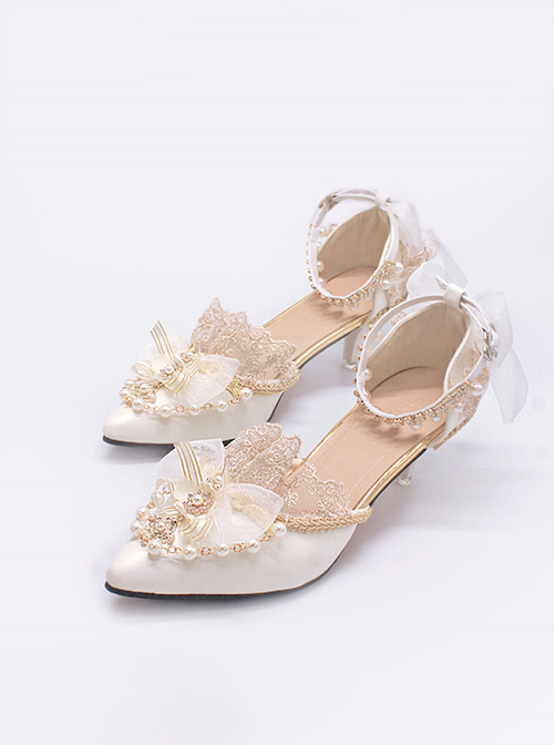 Pointed Toe Stiletto Bridal Wedding Bowknot Lace Pearl High Heel Sandals Classic Lolita Shoes